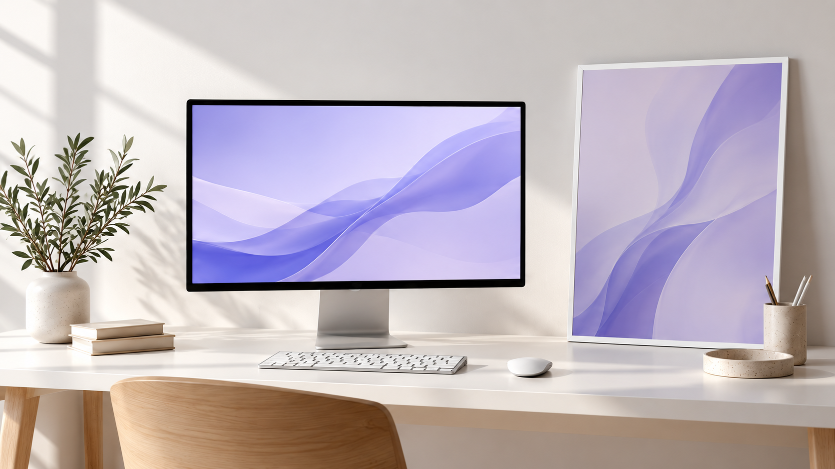 Lavender digital artwork displayed in a calm workspace; monitor is illustrative, not included
